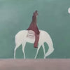Solitary Rider minimalist painting by Liam O'Connell, featuring a white horse and rider under a full moon, in a black frame.