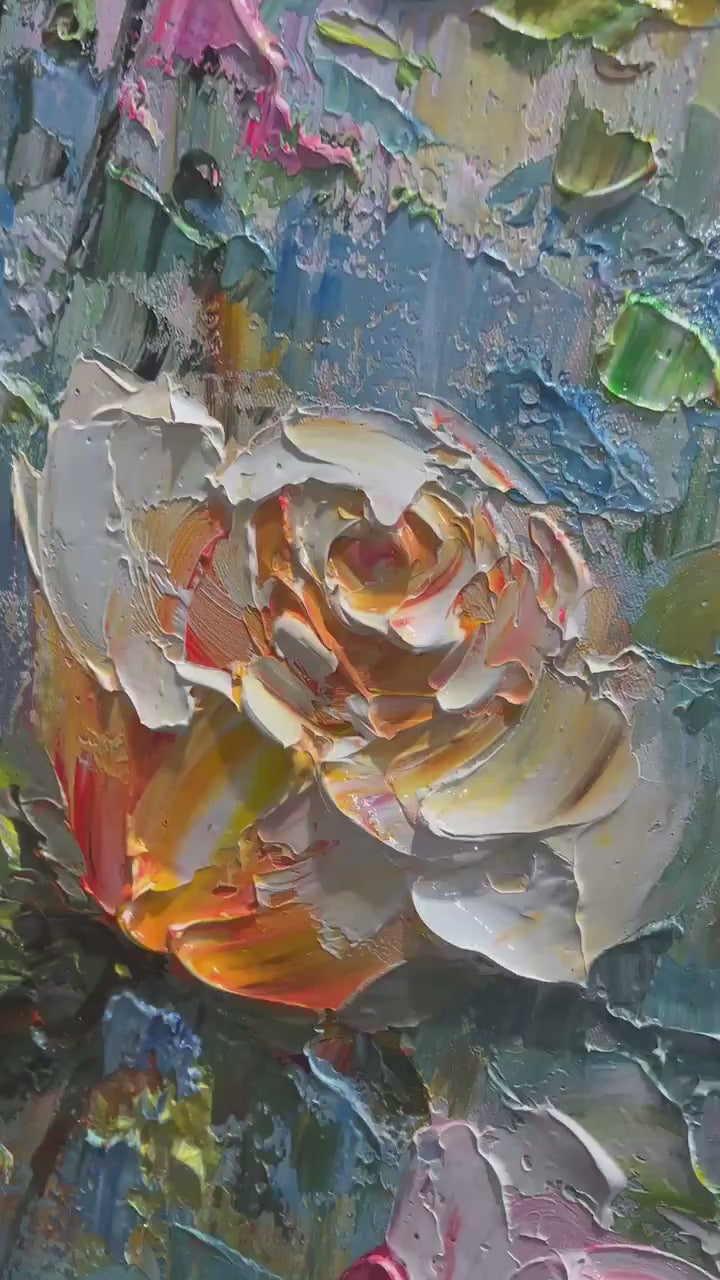 Pastel Rose Garden: Original Oil Impasto Floral Rose Painting on Canvas