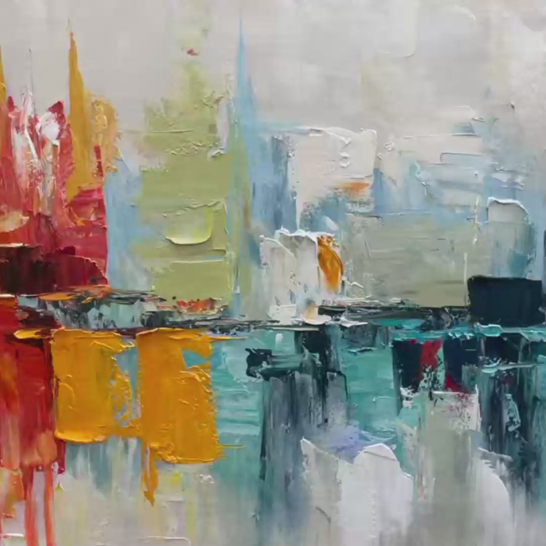 Urban Reflections: Abstract Cityscape Impasto Oil Painting Canvas