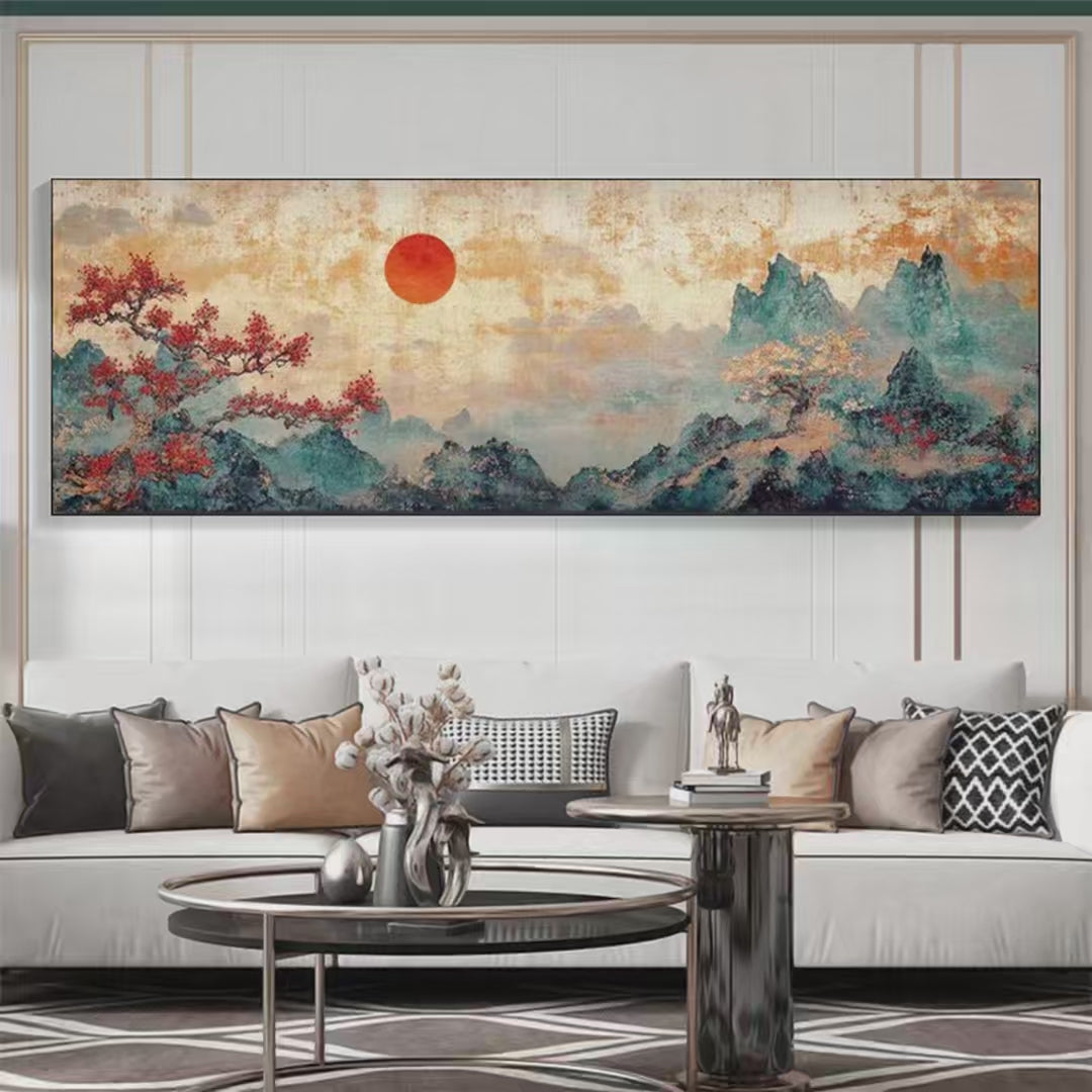 Zen Mountain Sunset Panoramic: Landscape Painting | Panoramic Wall Art | Asian Decor