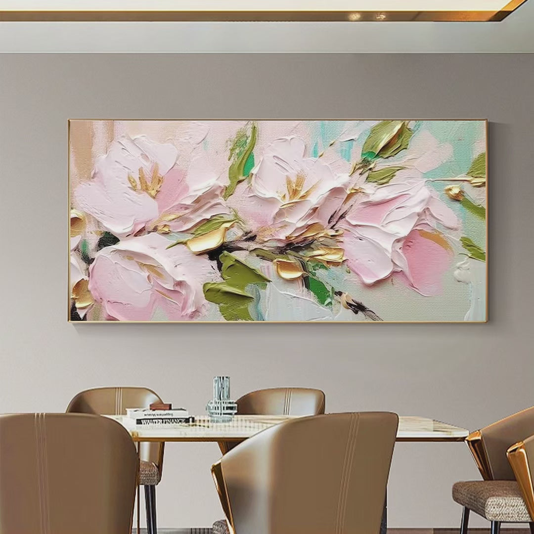 Golden Blush: Textured Pink & Gold Floral Impasto Painting for Living Room