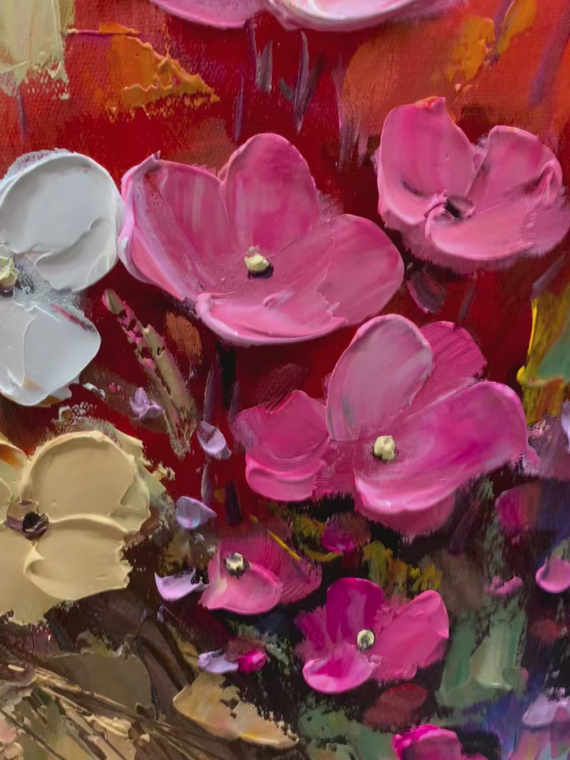 Blooming Meadow: Panoramic Floral Landscape Painting | Impasto