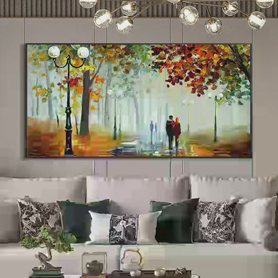 Autumn Park Stroll Romantic Park Landscape Painting Horizontal Wall Art Fall Decor