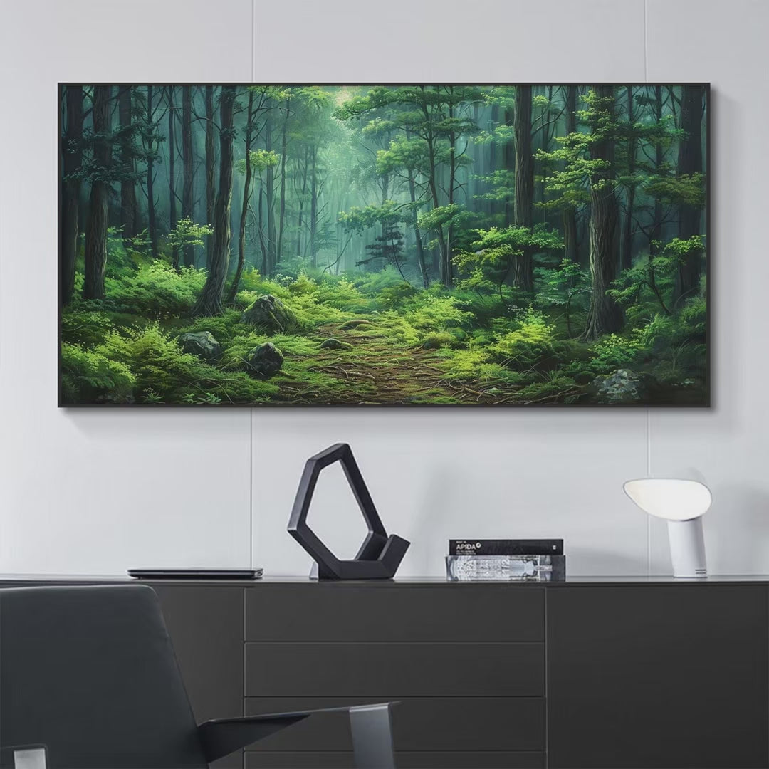 Forest Path: Panoramic Green Forest Landscape Painting for Tranquil Decor
