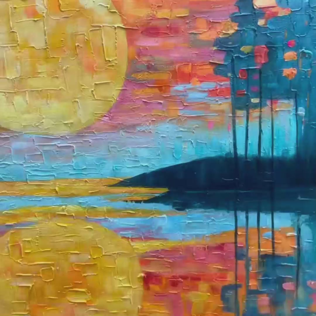 HARVEST MOON: Textured Impasto Landscape Oil Painting