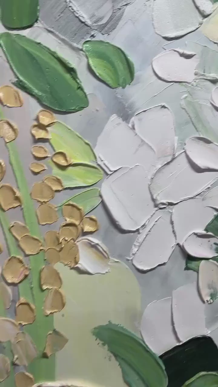 Whispering Meadow: Textured Abstract Floral Painting in Green and Gold