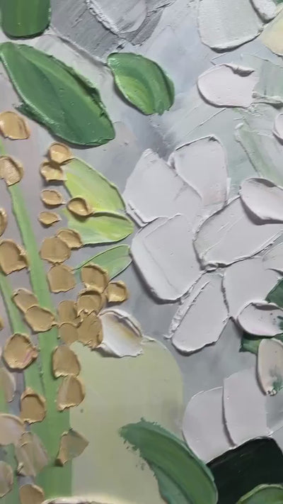 Whispering Meadow: Textured Abstract Floral Painting in Green and Gold