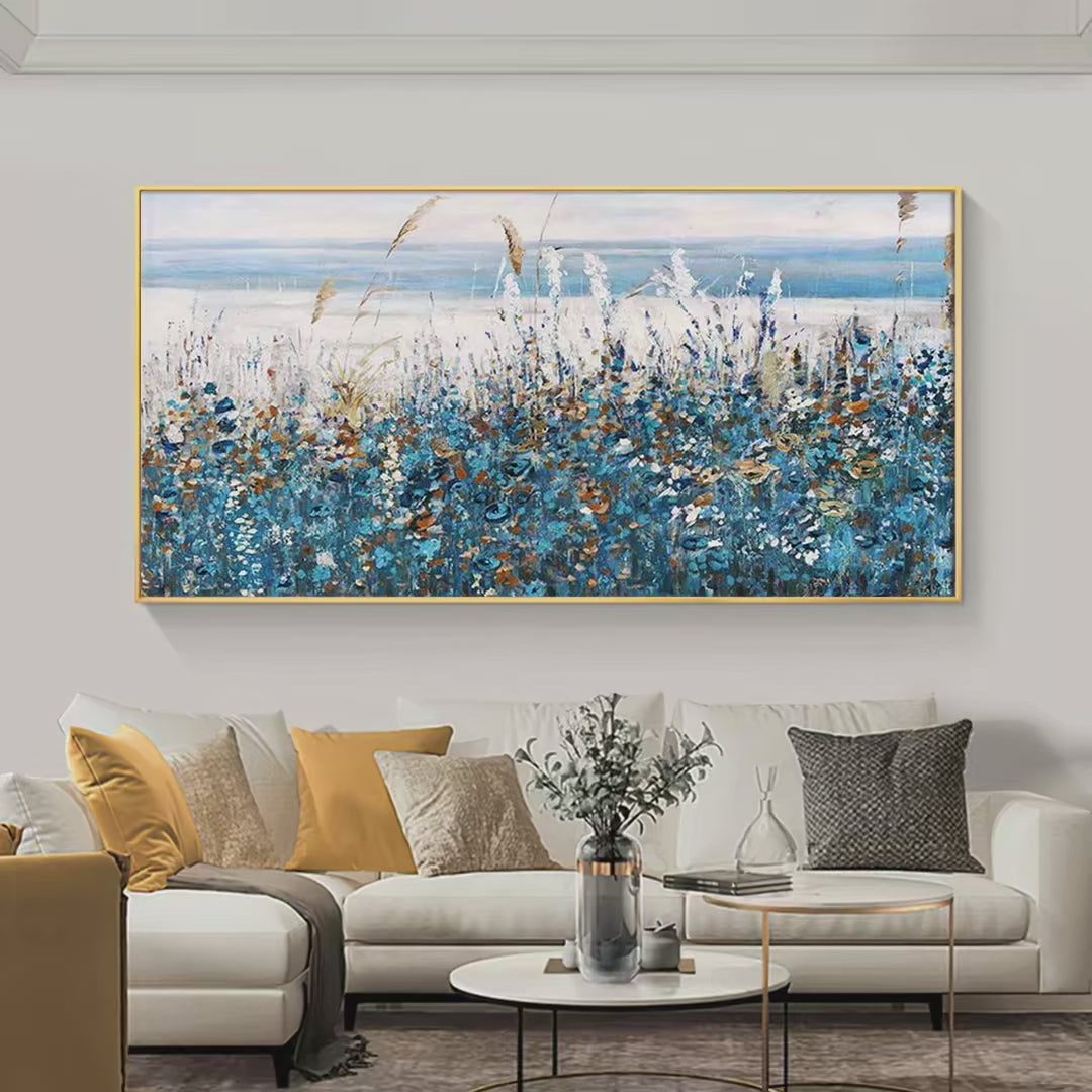 Blue Dunes: Coastal Landscape Painting with Blue Flowers | Coastal Decor