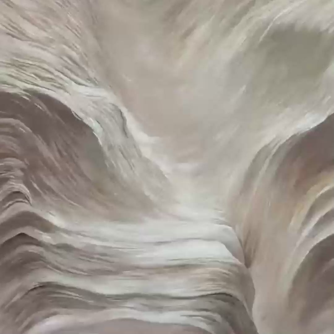 White Sand Dunes: Textured abstract landscape painting by Javier Ramirez, vertical wall art in off-white hues, framed.