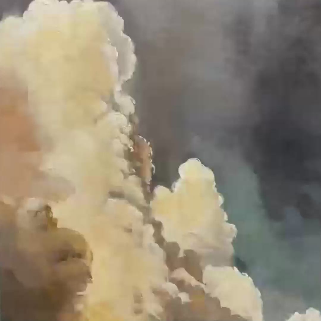 Liam O'Connell's Evening Clouds: Vertical cloudscape painting with warm tones, ideal for living room, bedroom wall art.