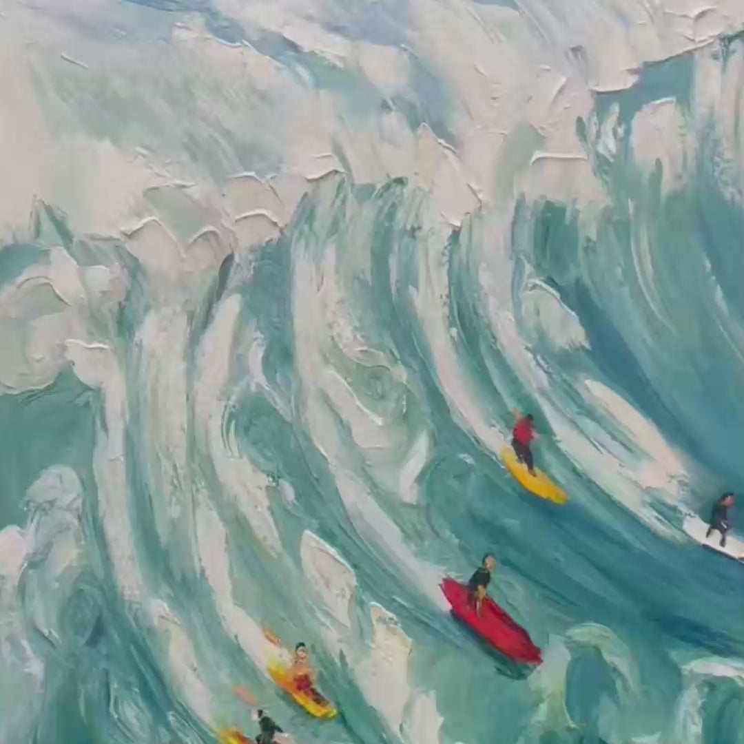 CATCHING THE WAVE: Vertical Ocean Painting of Surfers Riding a Wave