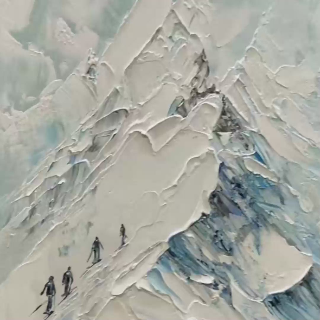 Textured Impasto Mountain Landscape Painting with Skiers