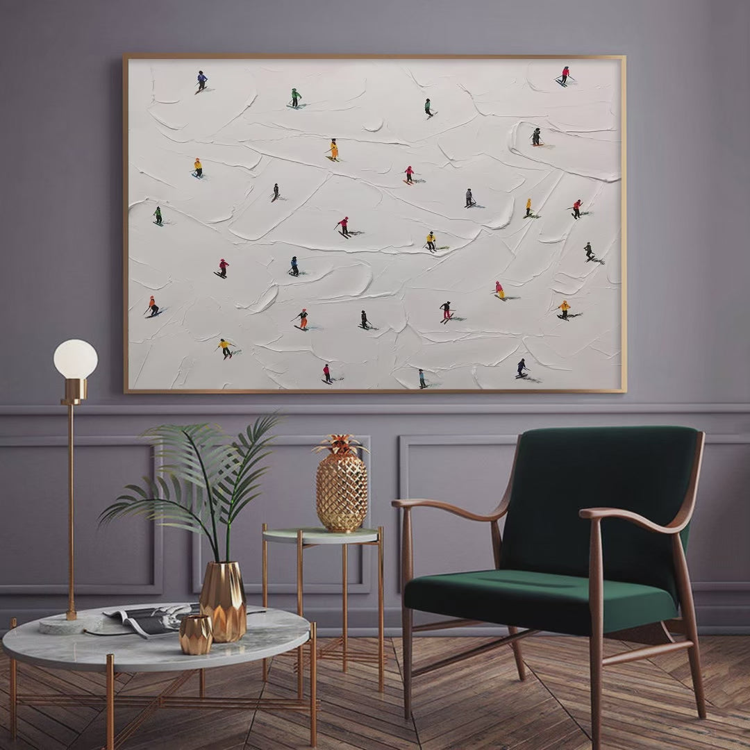 Ski Slopes: Minimalist Painting of Skiers on Snowy Mountain | Winter Art