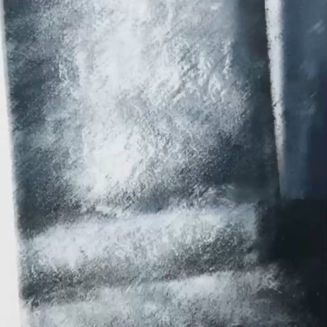 Set of 3 vertical blue abstract paintings with textured brushstrokes and layered blocks of navy, gray, and white.