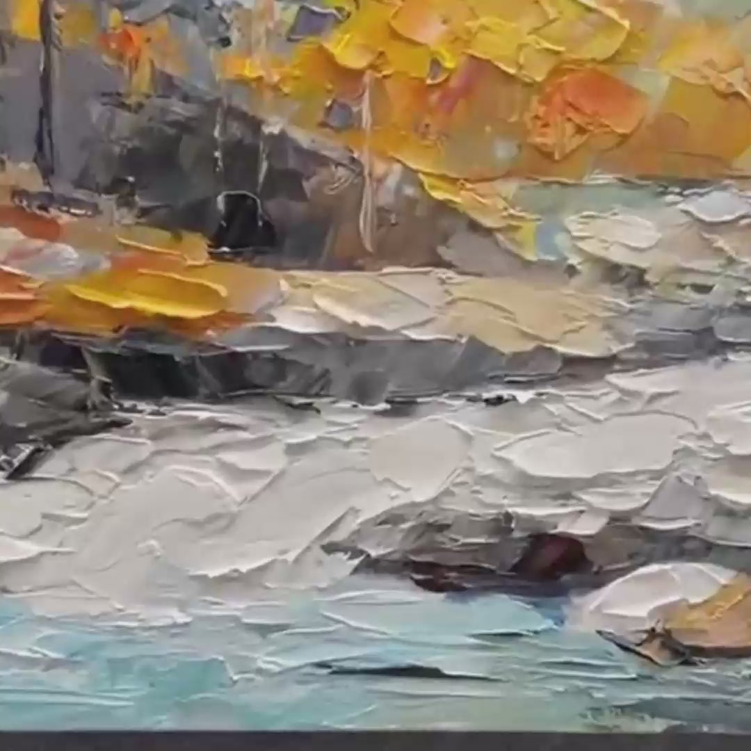 Liam O'Connell's Autumn River: textured impasto landscape painting of river, mountains, and vibrant fall trees.