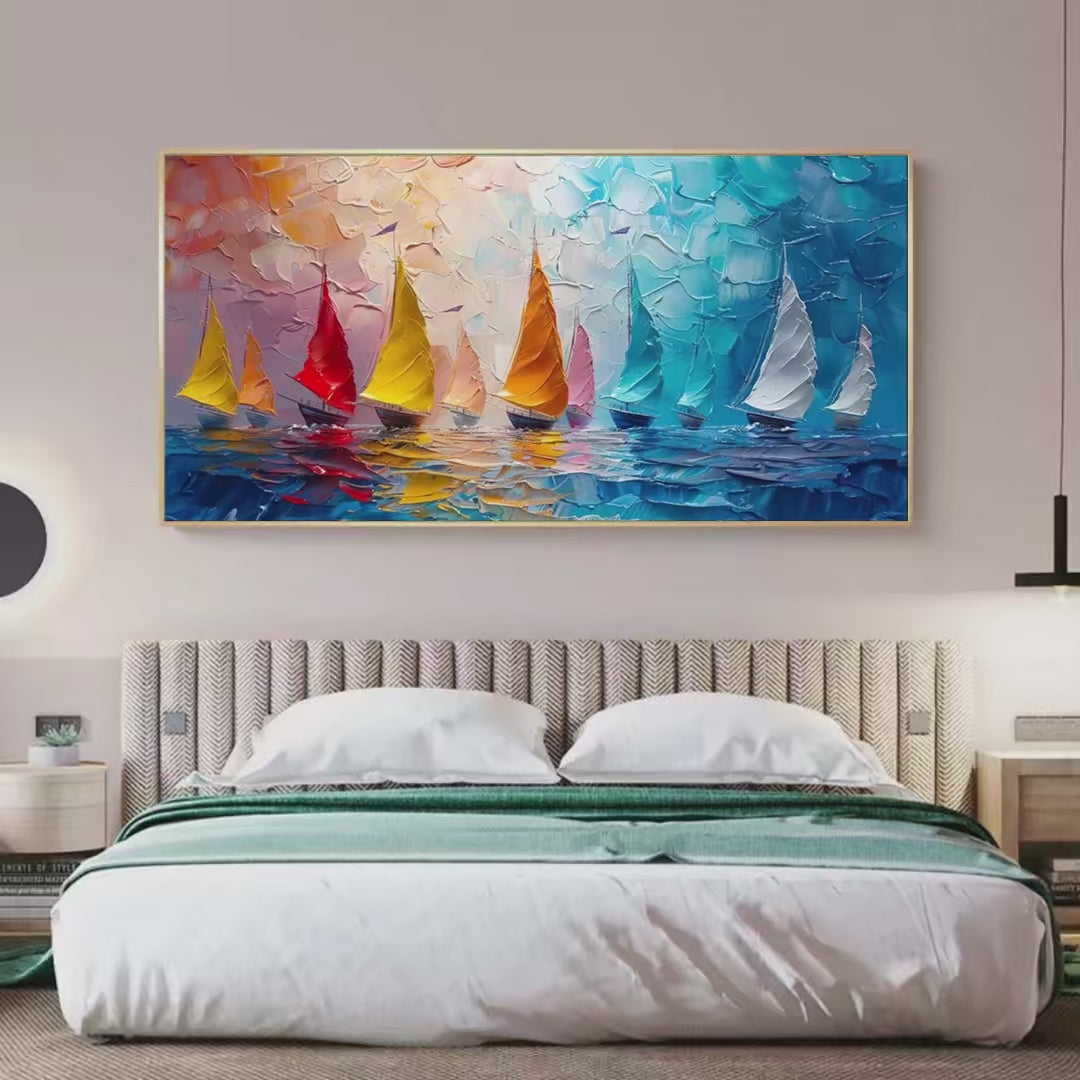 Regatta: Textured Sailboat Painting | Impasto Wall Art | Panoramic Canvas | Coastal Decor