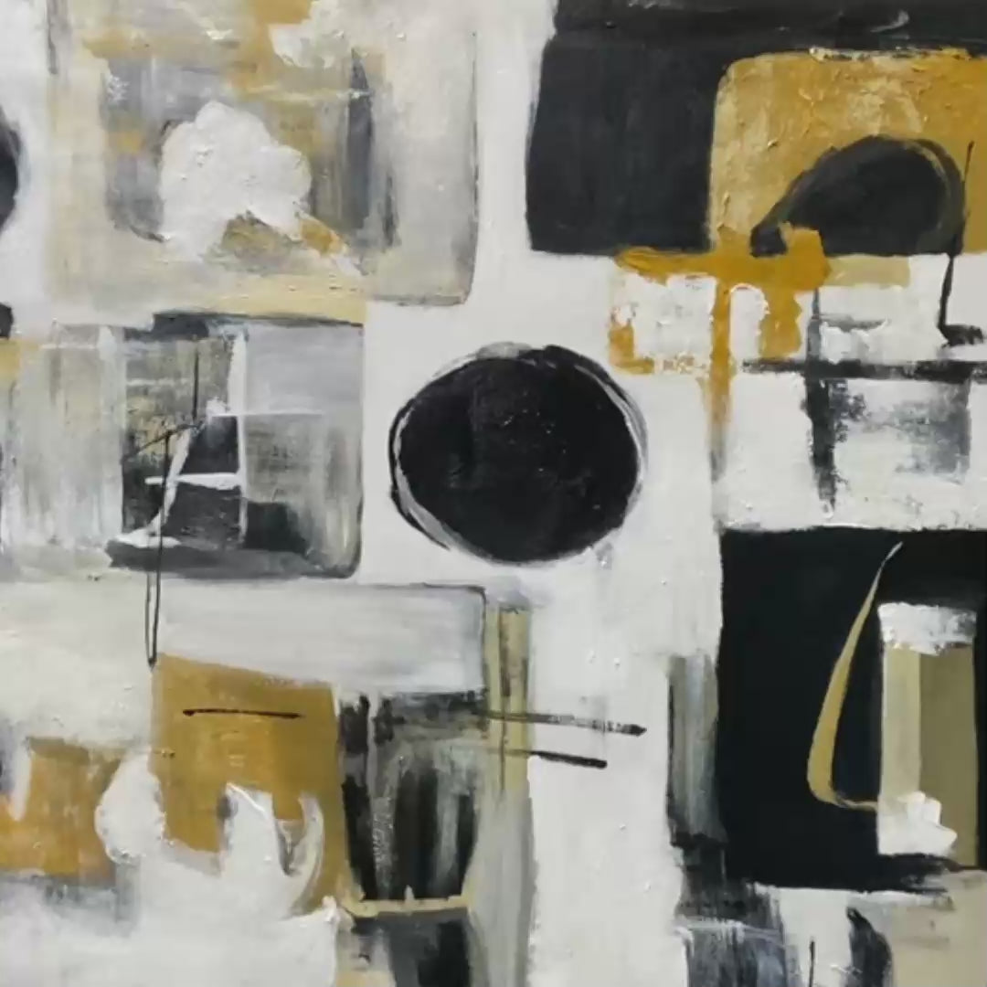Alchemy Grid: Original Abstract Oil Painting - Black White Gold Textured Horizontal Wall Art