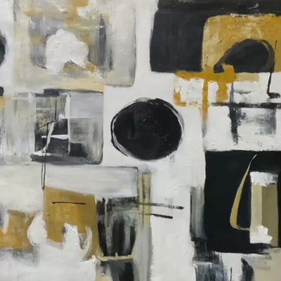 Alchemy Grid: Original Abstract Oil Painting - Black White Gold Textured Horizontal Wall Art