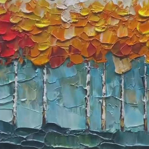 Textured Forest Painting, Impasto Wall Art, Horizontal Canvas, Autumn Decor