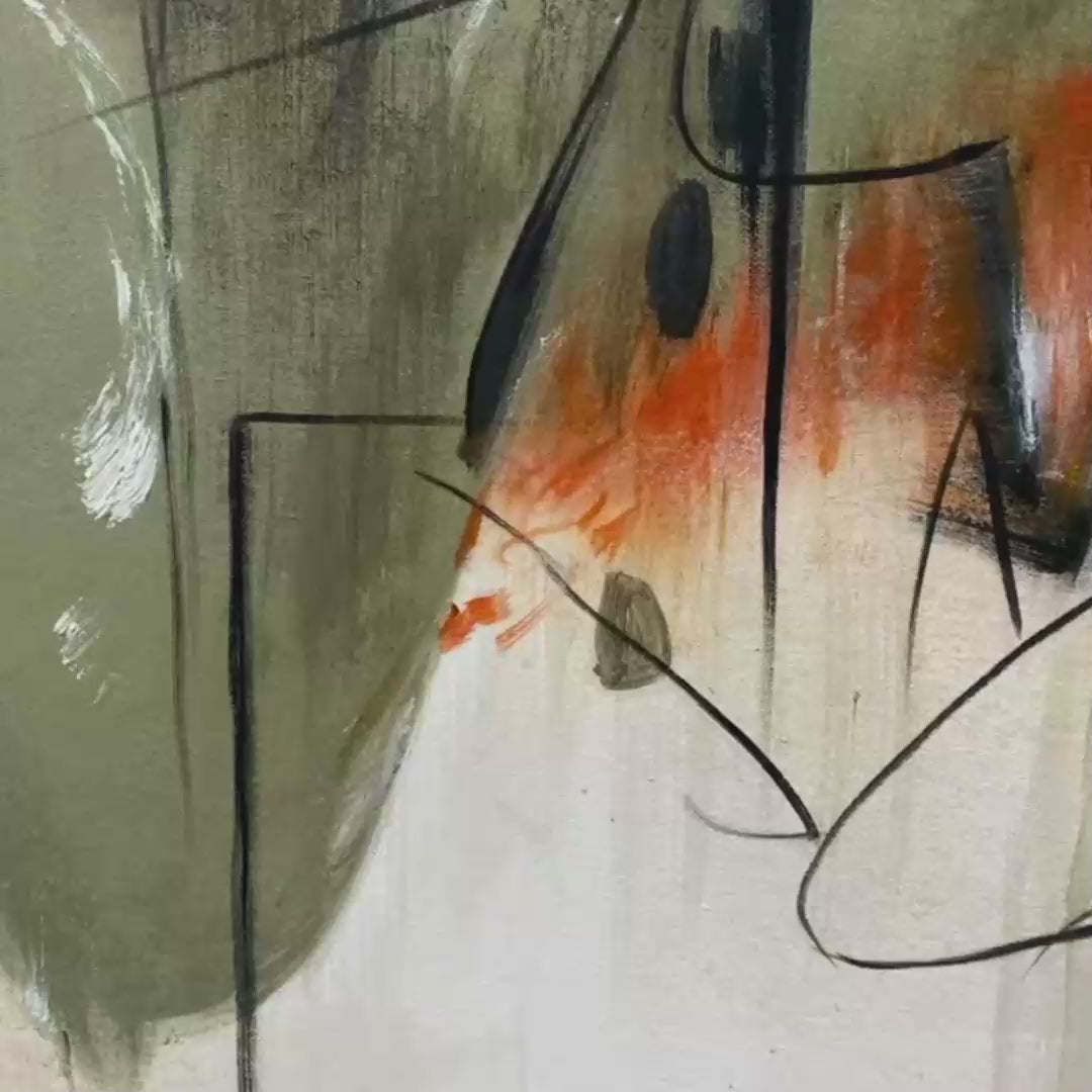 Liam O'Connell's "Untitled Abstract" minimalist painting, vertical wall art with earthy tones and gold frame