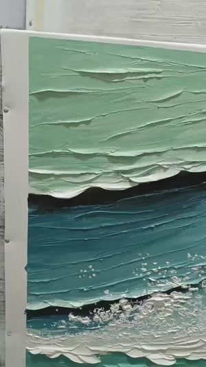 Coastal Textures: Panoramic Abstract Seascape | Impasto | Beige, Blue | Living Room, Bedroom