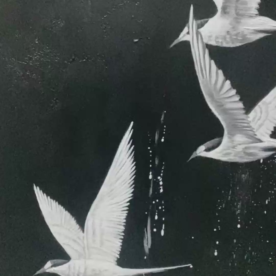 Night Flight: Original Monochromatic Birds Oil Painting - Black