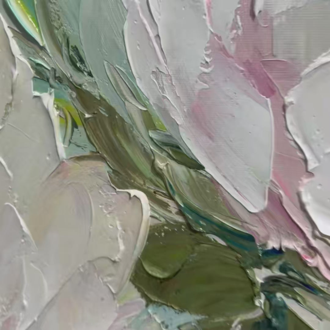 Serene Blossoms: Textured Floral Oil Painting Canvas Wall Art Decor in Soft White and Blush