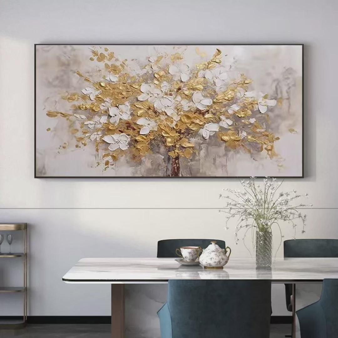 Golden Garden: Textured White & Gold Floral Impasto Painting for Living Room