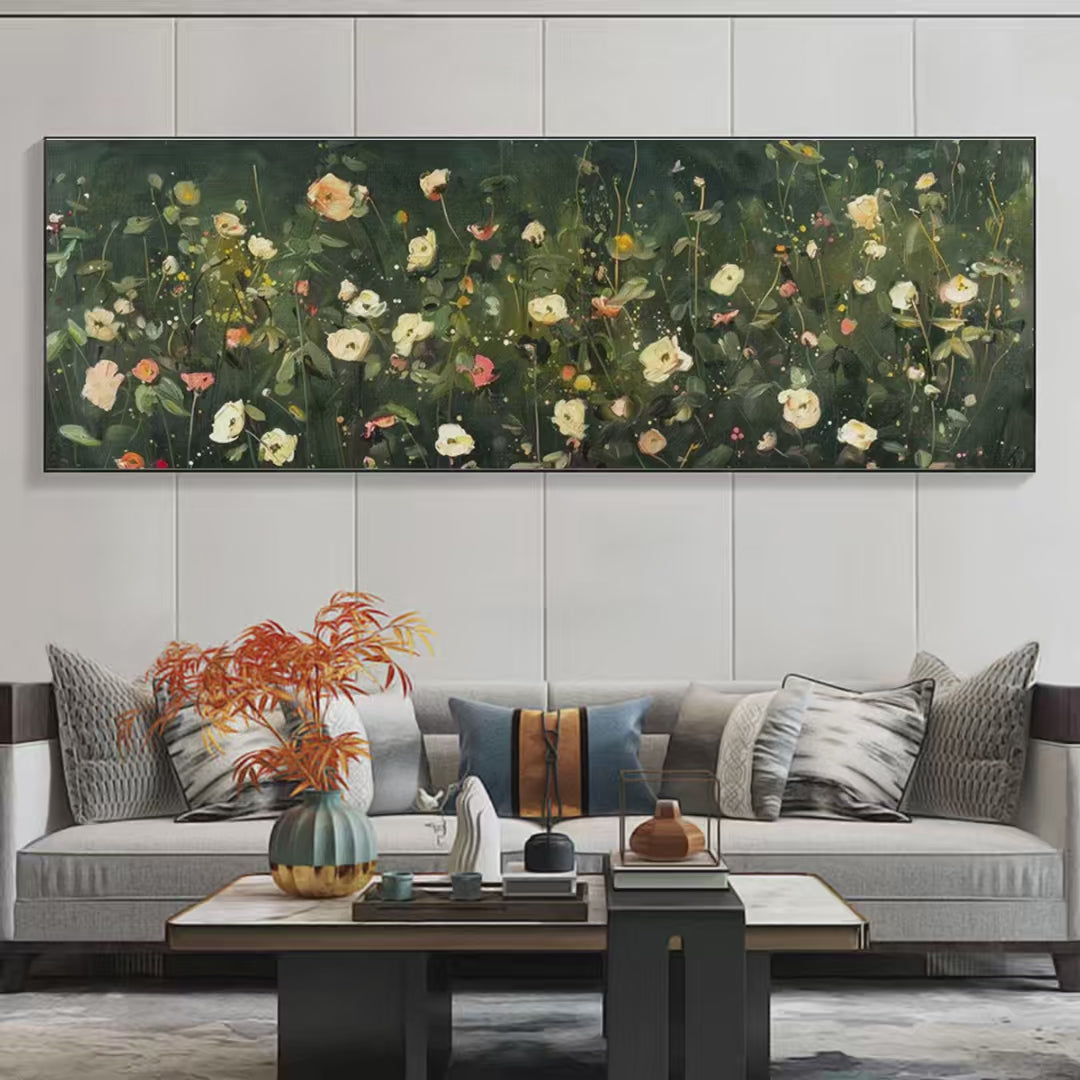 Whispering Meadow Panoramic: Wildflower Painting | Panoramic Wall Art | Dark Floral Decor
