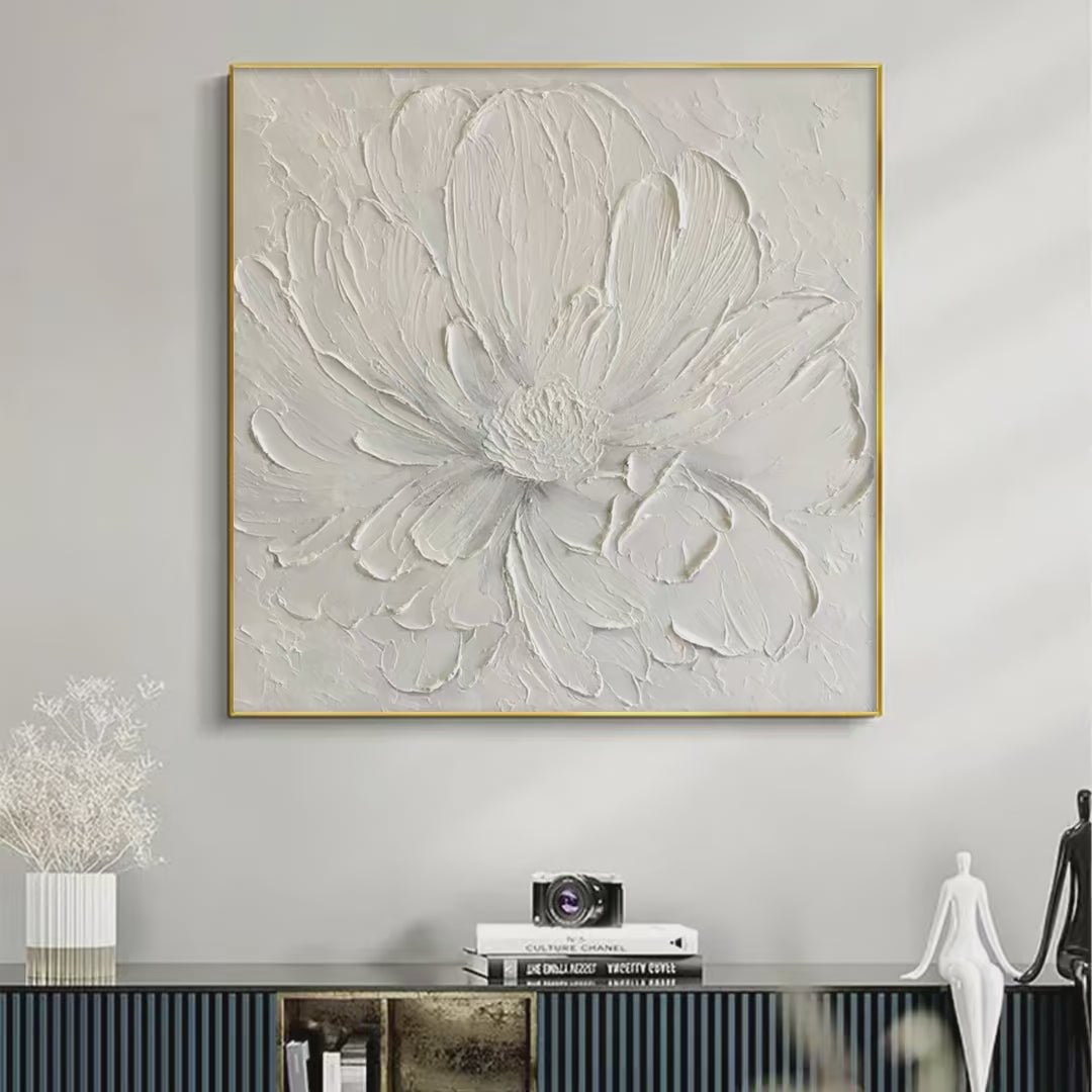 White Peony: Textured Minimalist Floral Painting in White | Floral Wall Art