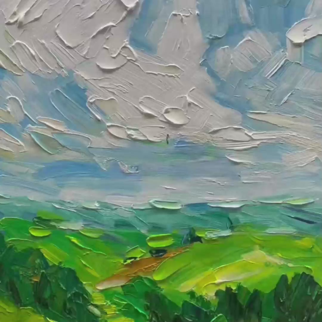 Green Valley Vista: Textured Landscape Painting | Impasto Wall Art
