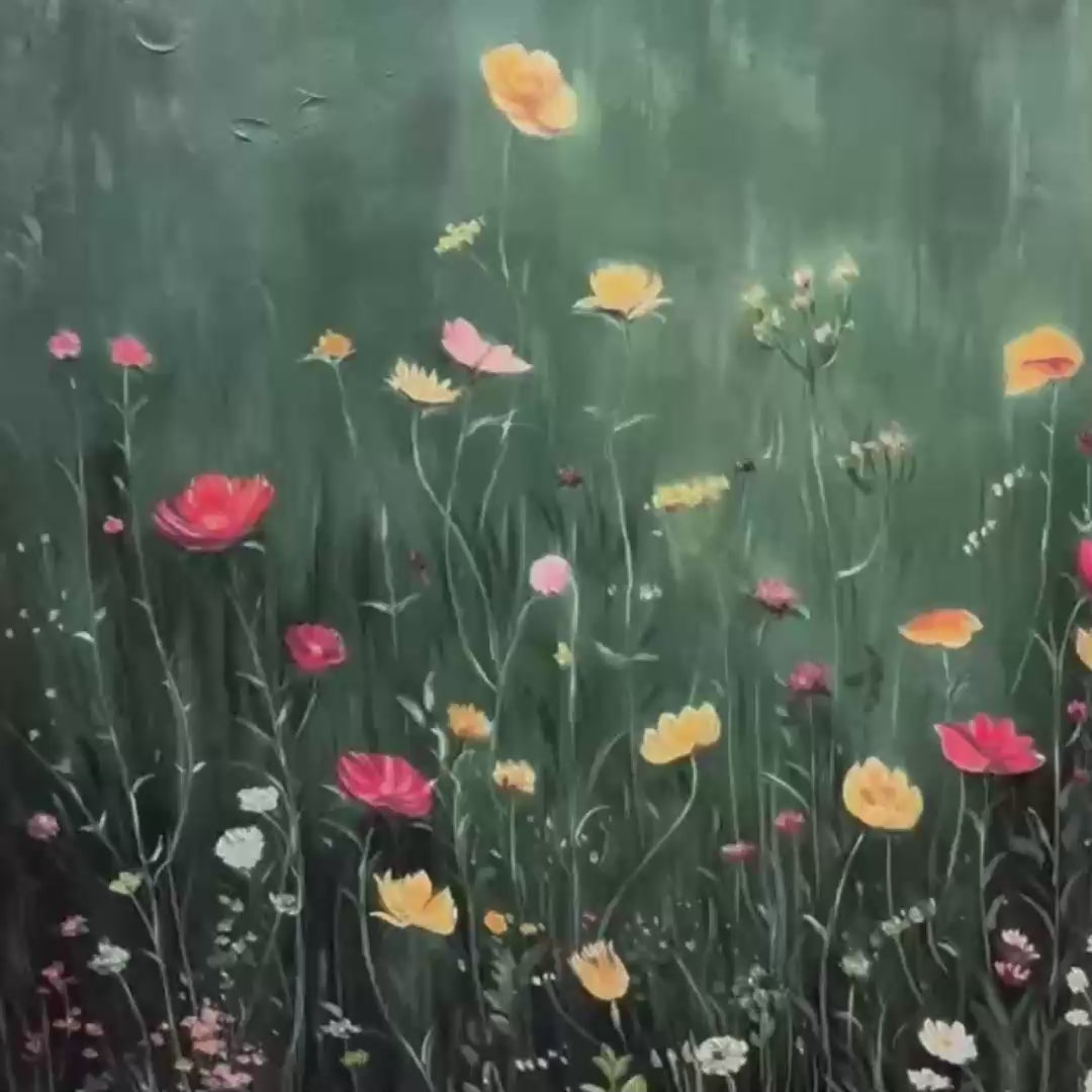 MEADOW'S EMBRACE: Moody floral botanical painting by Elodie Dubois, vertical wall art, framed artwork, vibrant color