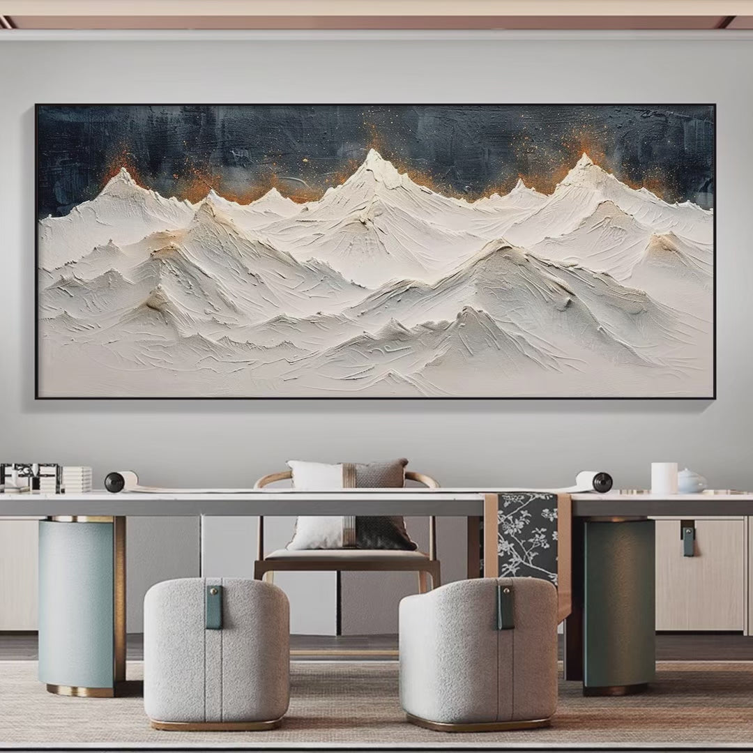 Snowy Peaks: Textured White & Gold Mountain Painting for Living Room Decor