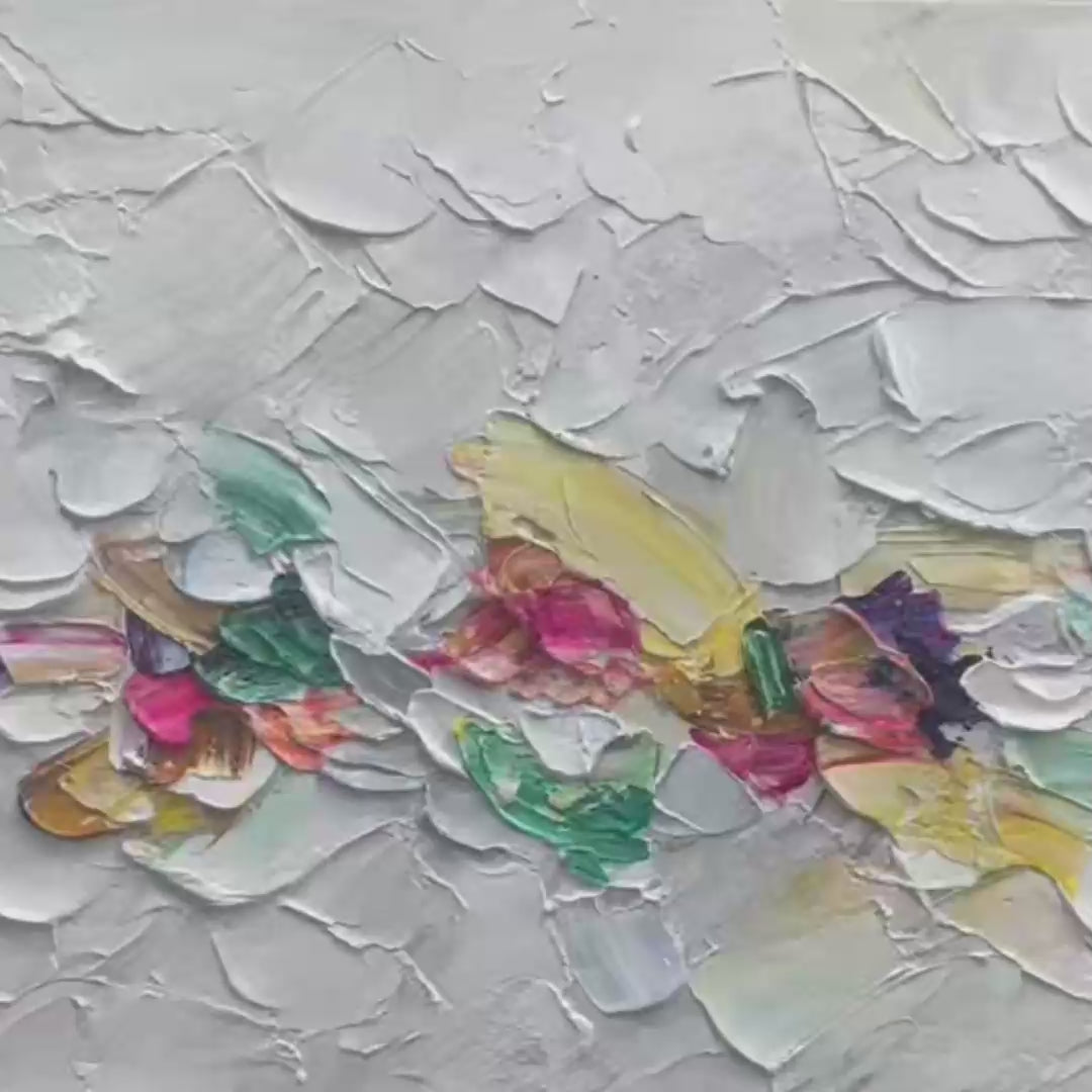 Confetti Dream abstract painting by Willow Davies: pastel rainbow textured impasto on white, framed artwork.