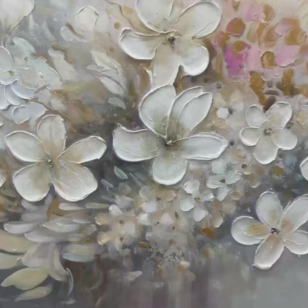 Textured impasto painting, white and beige florals, neutral tones, horizontal art.