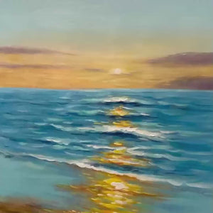 Vertical Sunkissed Shores painting of ocean sunset, blue waves & golden light on sand. Beach wall art.
