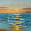 Vertical Sunkissed Shores painting of ocean sunset, blue waves & golden light on sand. Beach wall art.