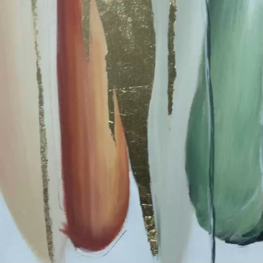 Abstract Painting in Pink, Green, and Gold, Horizontal Canvas, Modern Wall Art