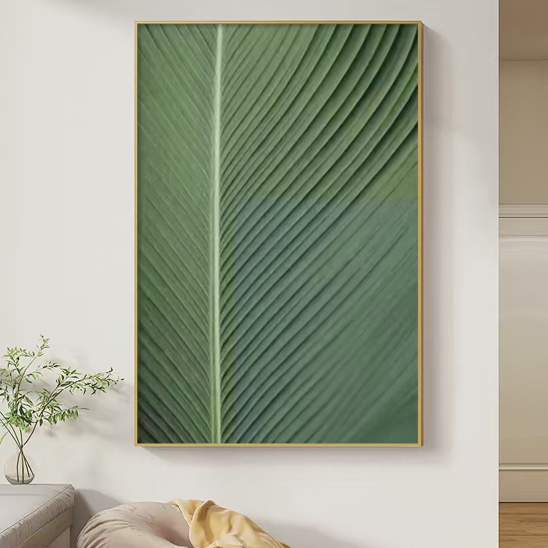 Tropical Serenity: Minimalist Botanical Painting | Green Leaf Wall Art | Vertical Canvas