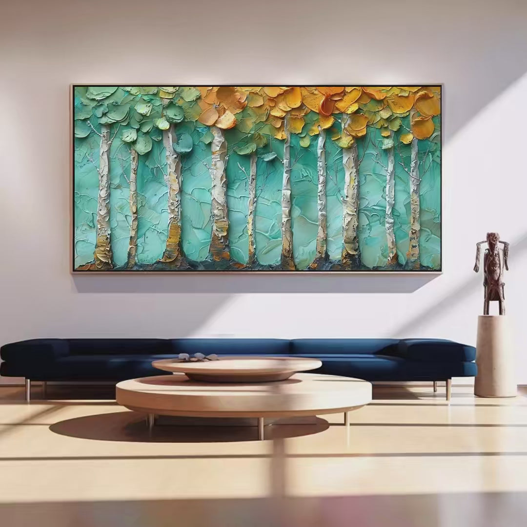 Golden Aspen Grove: Textured Forest Painting | Impasto Wall Art | Horizontal Canvas | Landscape Art