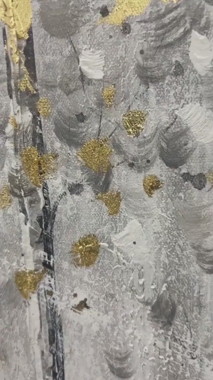 Golden Birchwood: Panoramic Birch Forest Landscape Oil Painting with Gold Accents on Canvas