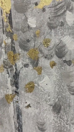 Golden Birchwood: Panoramic Birch Forest Landscape Oil Painting with Gold Accents on Canvas
