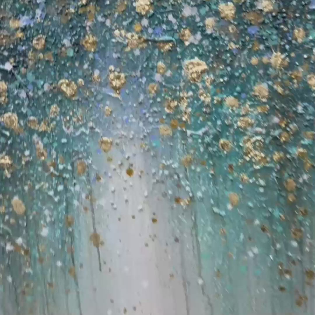 Emerald Rain: Panoramic Abstract Oil Painting with Gold and Green on Canvas