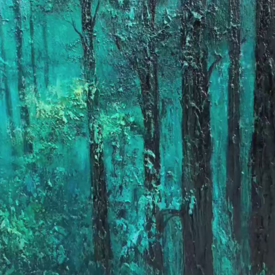 Vertical Forest Painting, Green Woodland Scene, Nature Wall Art, Living Room