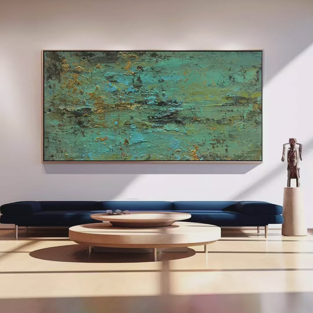 Golden Tide: Textured Abstract Painting in Teal and Gold | Modern Art