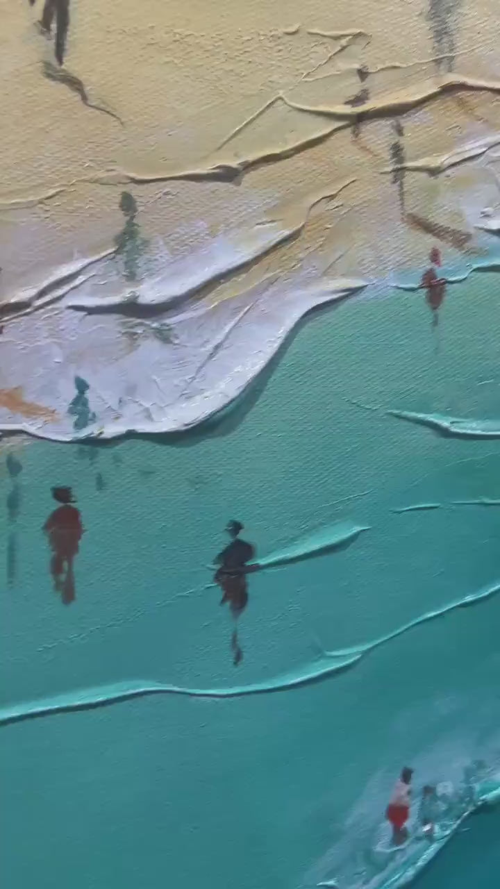 Summer Afternoon: Beach Scene Oil Painting with Beach Umbrellas on Canvas