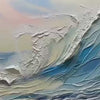 Liam O'Connell 'Cresting Wave' textured seascape painting; dramatic blue ocean wave, white foam, sunset sky, black frame.