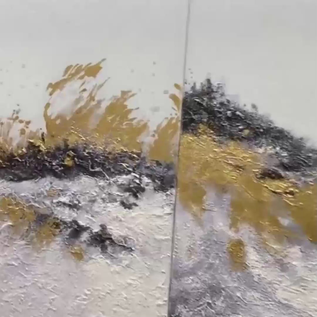 GOLD & GREY ABSTRACT TRIPTYCH Abstract Painting Set of 3, Vertical Wall Art