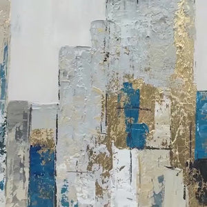 Golden Metropolis: Abstract Cityscape Oil Painting in Gold and Blue on Canvas