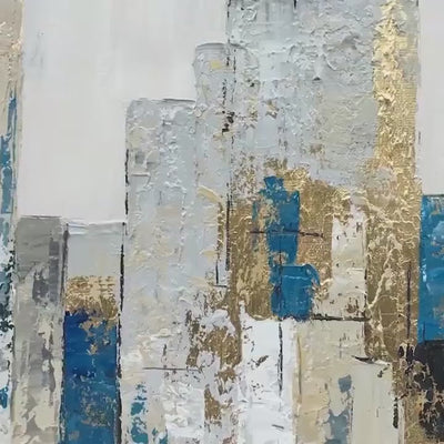 Golden Metropolis: Abstract Cityscape Oil Painting in Gold and Blue on Canvas